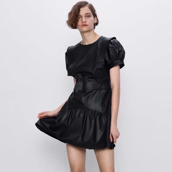 Zara Black Leather Puff Sleeve Dress Zara Dresses Zara Black Faux